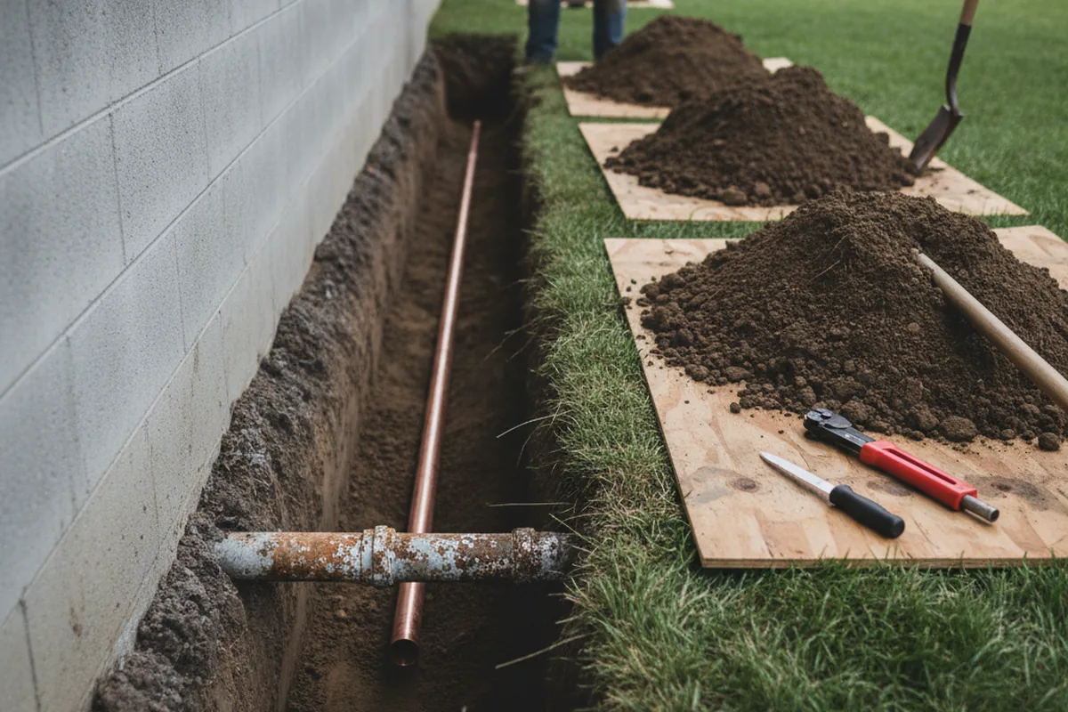 Excavated water line trench during Water Softener Installation in Stanfield